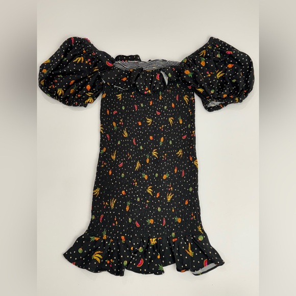 FARM RIO Dress Mini Tiny Fruits Smocked Puff Sleeve Ruffle Sz S Black Multicolor - Picture 3 of 9